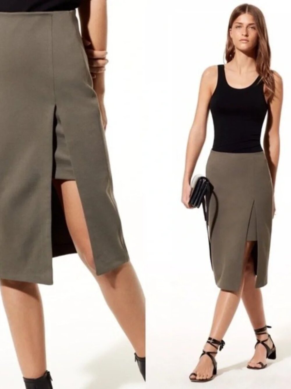 Babaton Olive Green Front-Slit Midi Skirt